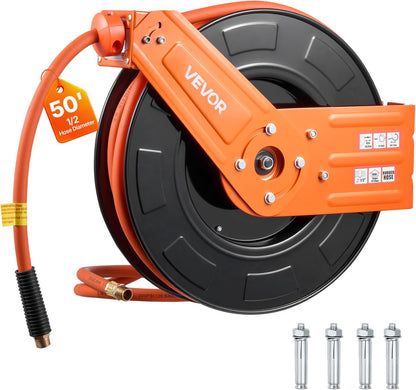 Retractable Air Hose Reel, 3/8IN x 50FT Rubber Air Hose Max 300PSI, Air Compressor Hose Reel Auto-Rewind with 5FT Lead in, Ceiling/Wall Mount Heavy Duty Single Arm Reel & 180° Swivel Bracket