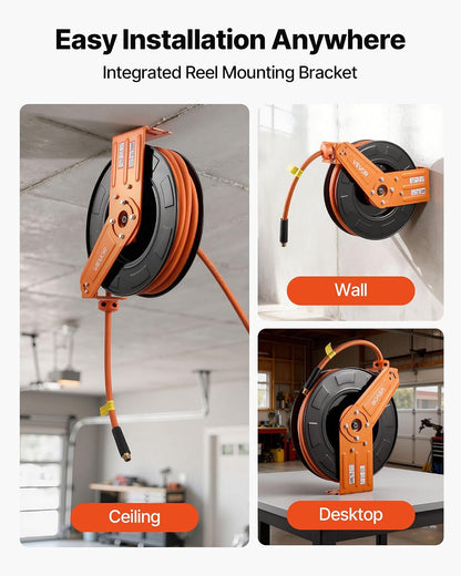 Retractable Air Hose Reel, 3/8IN x 50FT Rubber Air Hose Max 300PSI, Air Compressor Hose Reel Auto-Rewind with 5FT Lead in, Ceiling/Wall Mount Heavy Duty Single Arm Reel & 180° Swivel Bracket