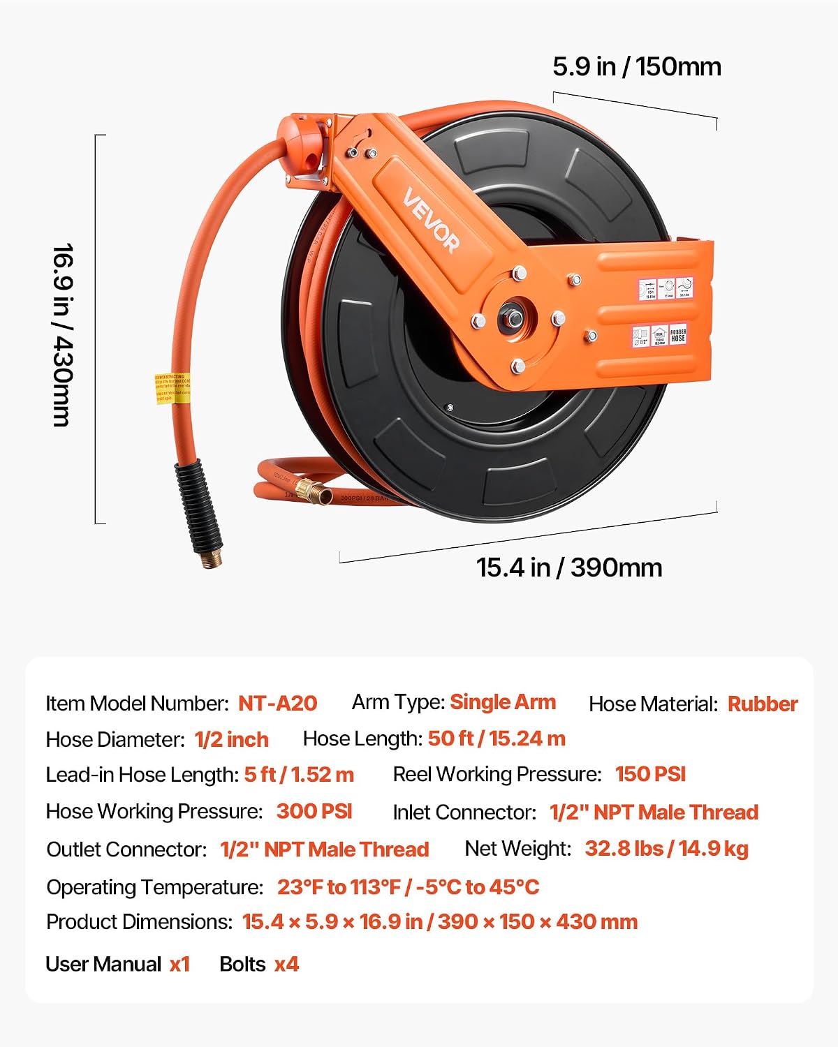 Retractable Air Hose Reel, 3/8IN x 50FT Rubber Air Hose Max 300PSI, Air Compressor Hose Reel Auto-Rewind with 5FT Lead in, Ceiling/Wall Mount Heavy Duty Single Arm Reel & 180° Swivel Bracket