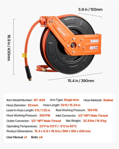 Retractable Air Hose Reel, 3/8IN x 50FT Rubber Air Hose Max 300PSI, Air Compressor Hose Reel Auto-Rewind with 5FT Lead in, Ceiling/Wall Mount Heavy Duty Single Arm Reel & 180° Swivel Bracket