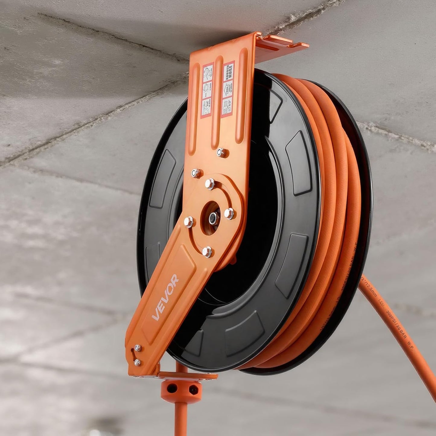 Retractable Air Hose Reel, 3/8IN x 50FT Rubber Air Hose Max 300PSI, Air Compressor Hose Reel Auto-Rewind with 5FT Lead in, Ceiling/Wall Mount Heavy Duty Single Arm Reel & 180° Swivel Bracket