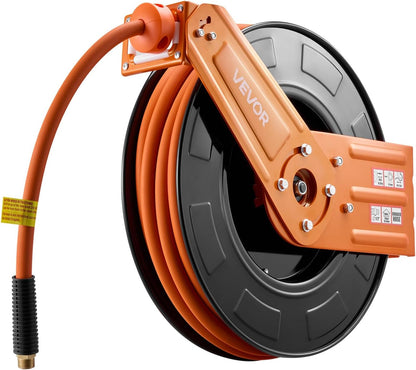 Retractable Air Hose Reel, 3/8IN x 50FT Rubber Air Hose Max 300PSI, Air Compressor Hose Reel Auto-Rewind with 5FT Lead in, Ceiling/Wall Mount Heavy Duty Single Arm Reel & 180° Swivel Bracket