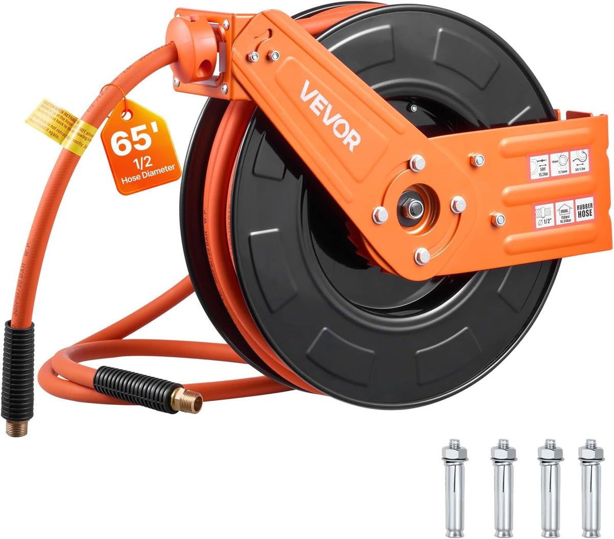 Retractable Air Hose Reel, 3/8IN x 50FT Rubber Air Hose Max 300PSI, Air Compressor Hose Reel Auto-Rewind with 5FT Lead in, Ceiling/Wall Mount Heavy Duty Single Arm Reel & 180° Swivel Bracket