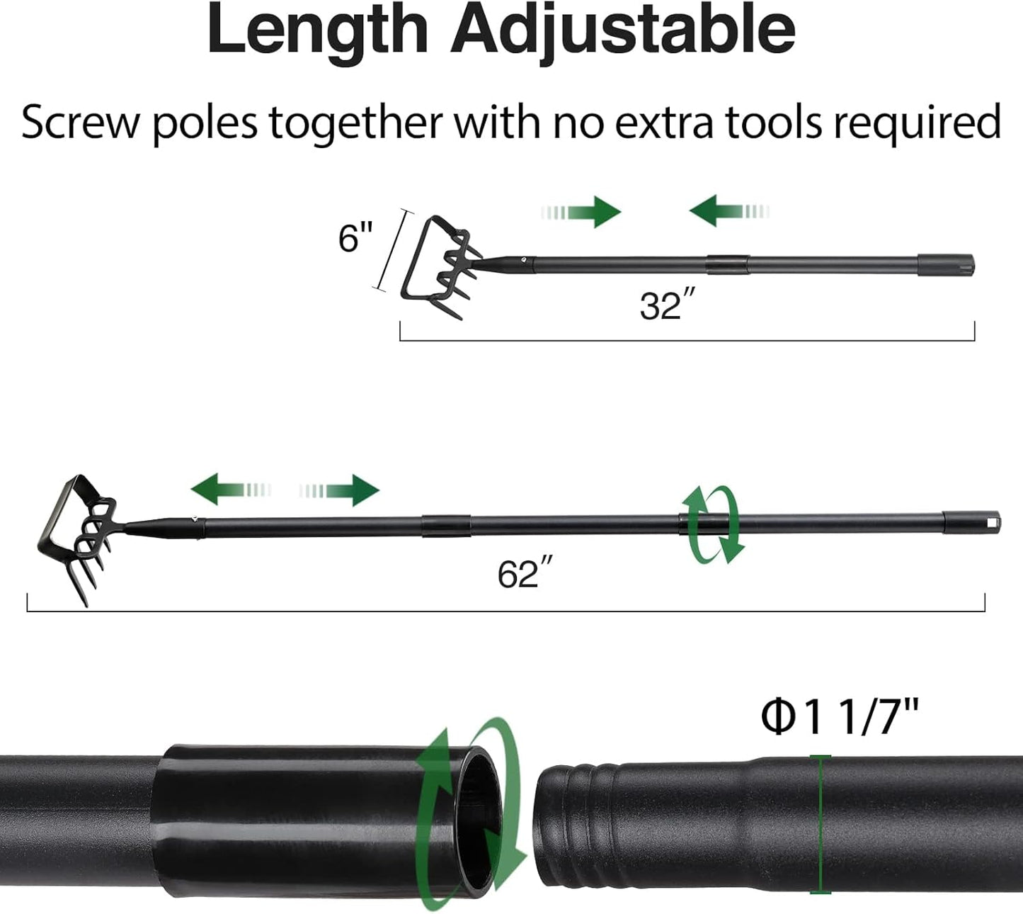 Stirrup Hoe Garden Tool & Cultivator Rake, 2-in-1 Heavy Duty Metal Hand Scuffle Garden Hoe for Weeding Vegetable Beds, Loop Action Weeder Long Handle 32-62", Manual Weed Puller for Lawn Farm Yard