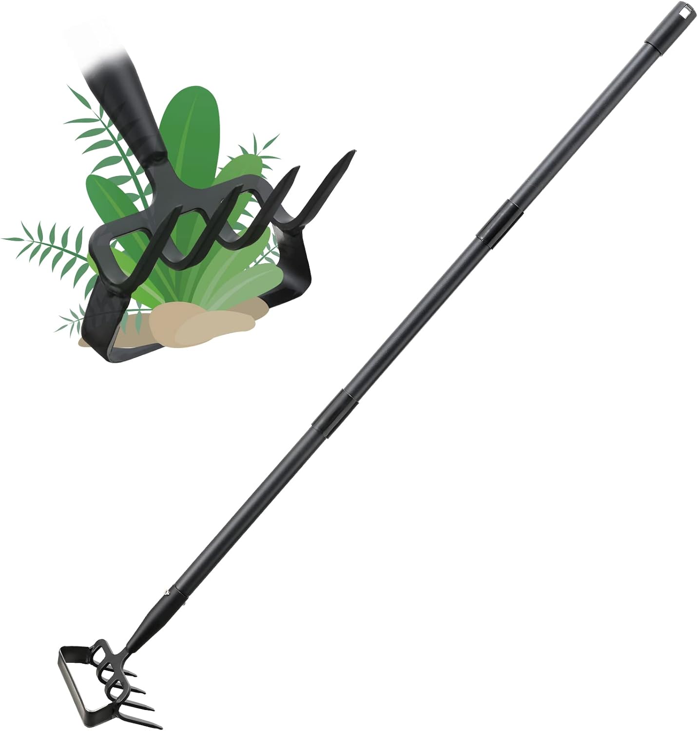 Stirrup Hoe Garden Tool & Cultivator Rake, 2-in-1 Heavy Duty Metal Hand Scuffle Garden Hoe for Weeding Vegetable Beds, Loop Action Weeder Long Handle 32-62", Manual Weed Puller for Lawn Farm Yard