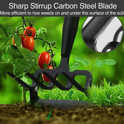 Stirrup Hoe Garden Tool & Cultivator Rake, 2-in-1 Heavy Duty Metal Hand Scuffle Garden Hoe for Weeding Vegetable Beds, Loop Action Weeder Long Handle 32-62", Manual Weed Puller for Lawn Farm Yard