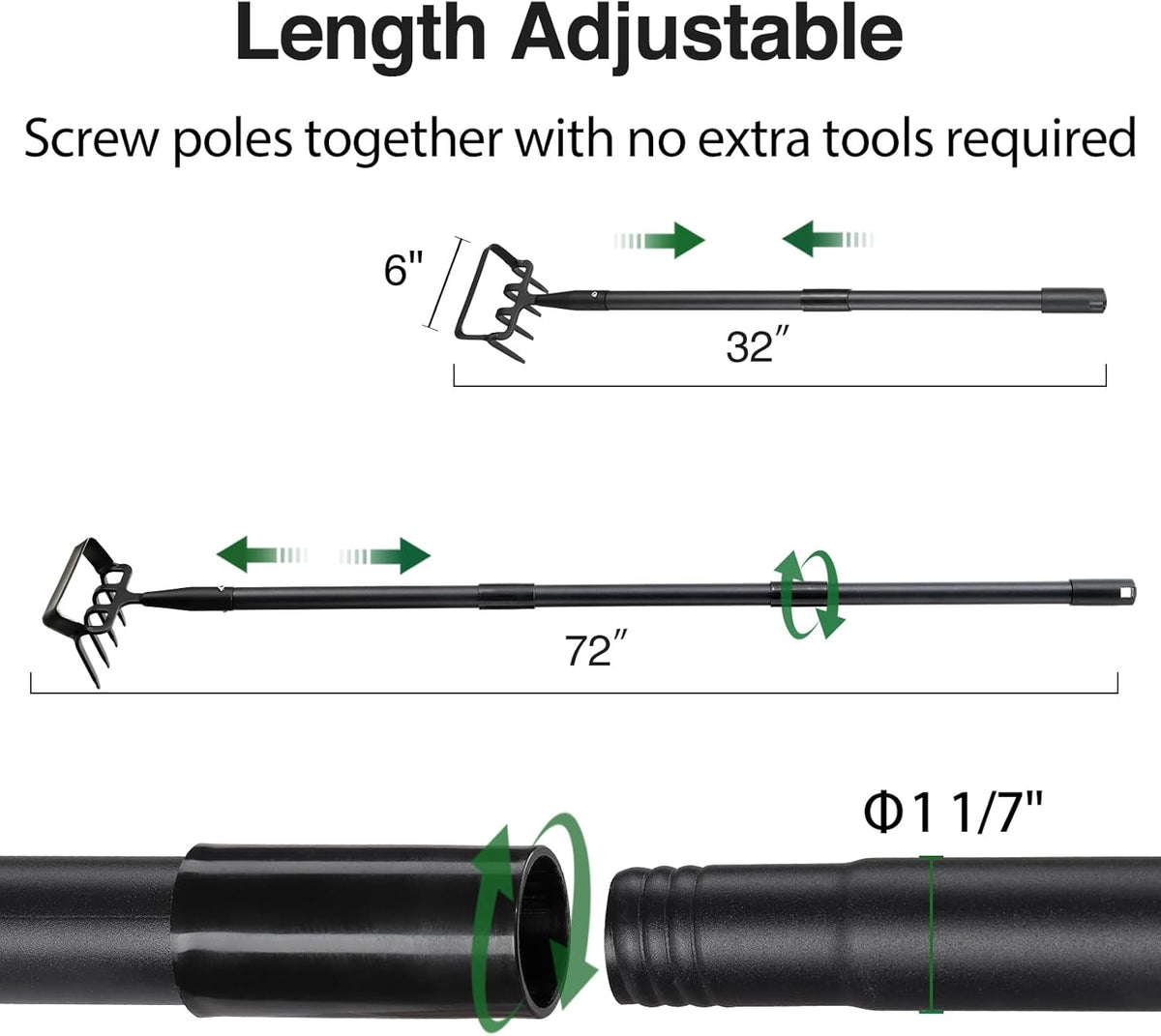 Stirrup Hoe Garden Tool & Cultivator Rake, 2-in-1 Heavy Duty Metal Hand Scuffle Garden Hoe for Weeding Vegetable Beds, Loop Action Weeder Long Handle 32-62", Manual Weed Puller for Lawn Farm Yard