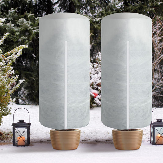 WILLBOND 2 Pcs 47 x 71 Inches Rounded Top Plant Covers Freeze Protection Frost Cloth with Zipper Drawstring Winter Cylindrical Frost Cloths Shrub Covers for Shrub Bush Fruit Tree Potted