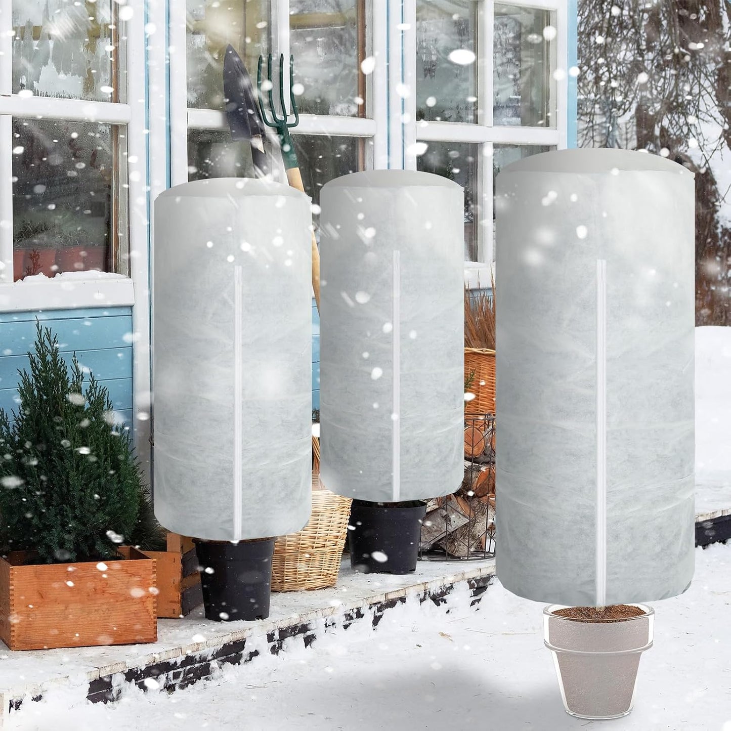 WILLBOND 2 Pcs 47 x 71 Inches Rounded Top Plant Covers Freeze Protection Frost Cloth with Zipper Drawstring Winter Cylindrical Frost Cloths Shrub Covers for Shrub Bush Fruit Tree Potted