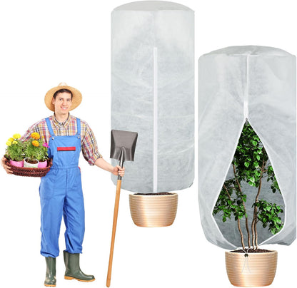 WILLBOND 2 Pcs 47 x 71 Inches Rounded Top Plant Covers Freeze Protection Frost Cloth with Zipper Drawstring Winter Cylindrical Frost Cloths Shrub Covers for Shrub Bush Fruit Tree Potted