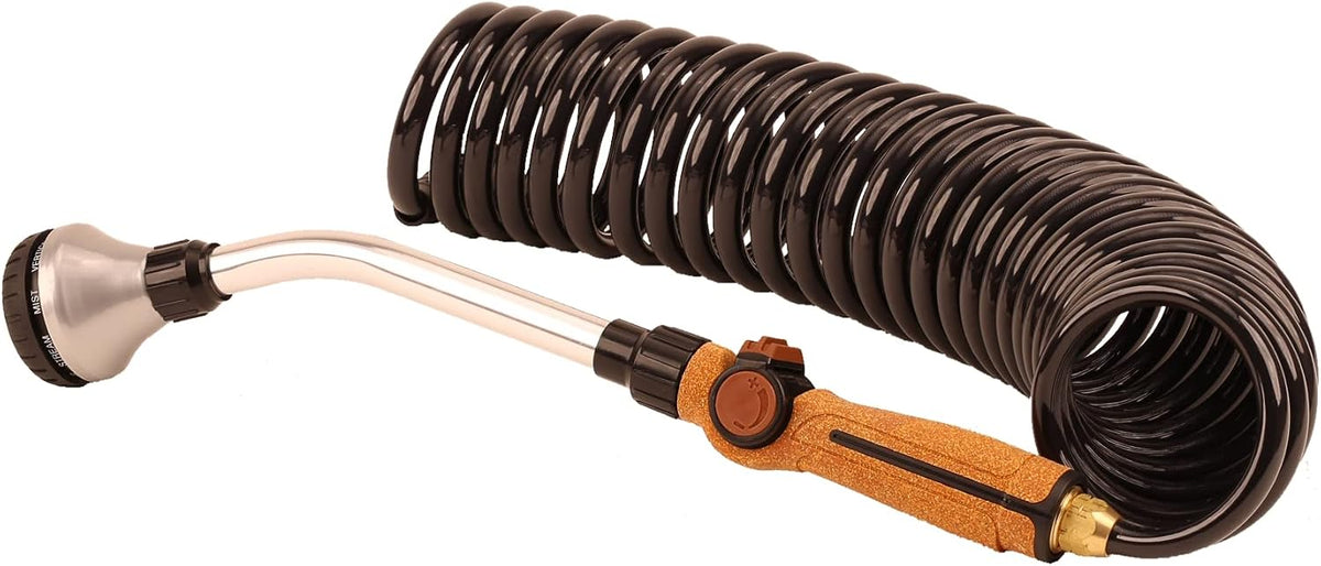 Hose Kit: 3/8" ID x 25' HP Quality Coiled Hose (Charcoal Gray) with Cork Handle 8-Pattern Watering Wand