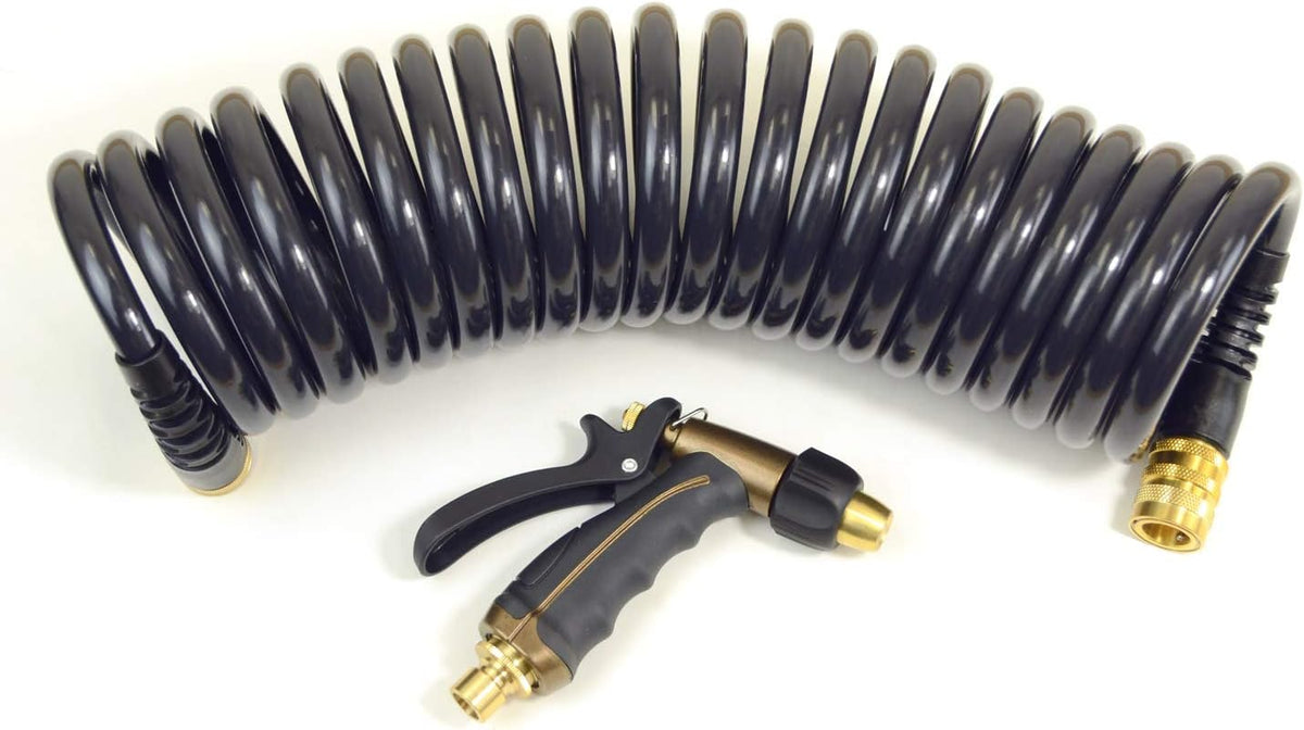 Hose Kit: 3/8" ID x 25' HP Quality Coiled Hose (Charcoal Gray) with Cork Handle 8-Pattern Watering Wand