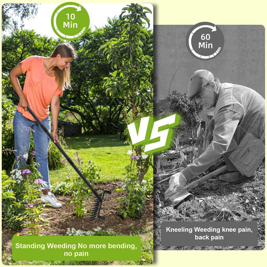 Garden Hoe and 12-Tine Rake 76.8" Stirrup Hoe Heavy Duty 2-in-1 Garden Tool Adjustable Long-Handle Garden Cultivator Durable Weed Puller for Ditching, Weeding and Loosening Soil