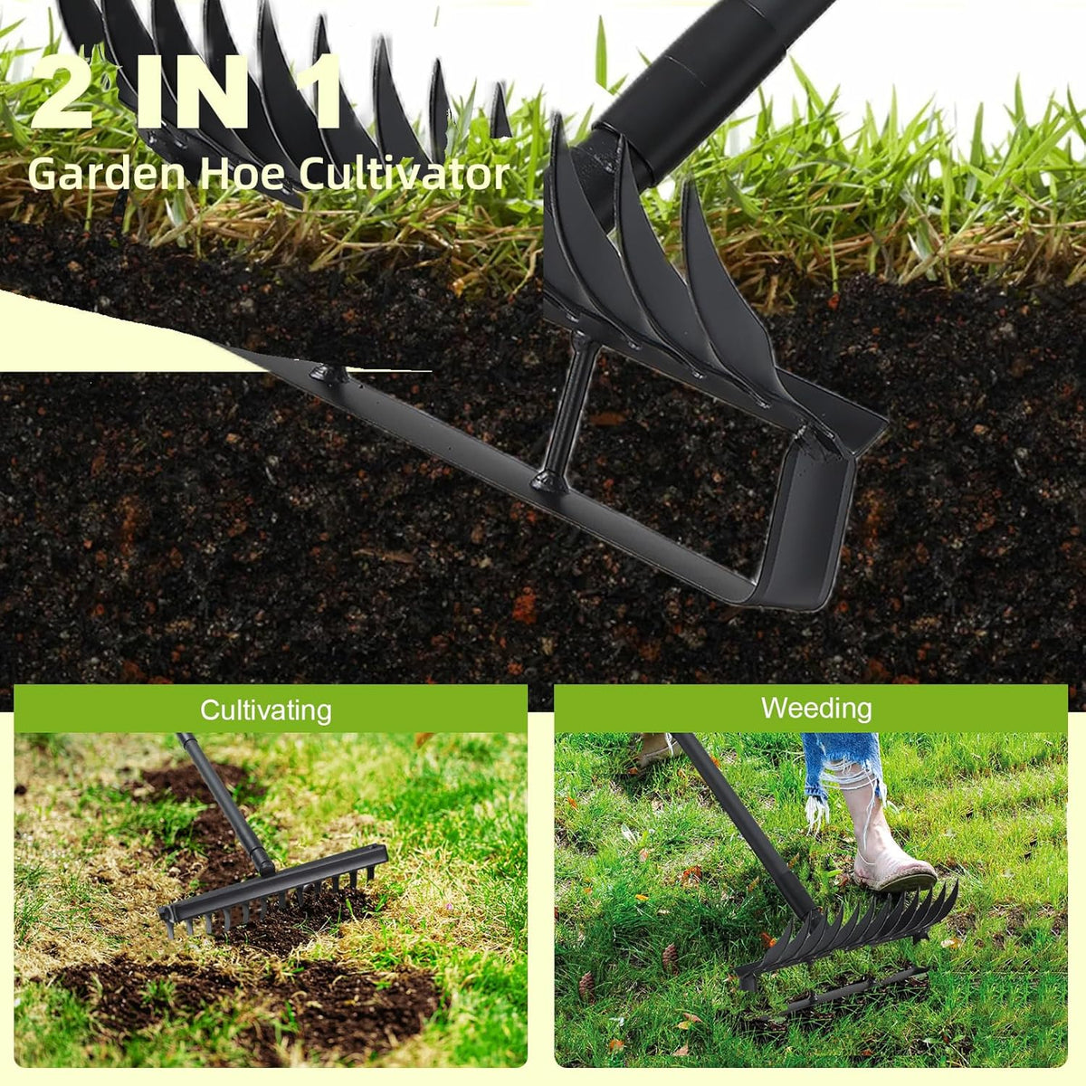 Garden Hoe and 12-Tine Rake 76.8" Stirrup Hoe Heavy Duty 2-in-1 Garden Tool Adjustable Long-Handle Garden Cultivator Durable Weed Puller for Ditching, Weeding and Loosening Soil