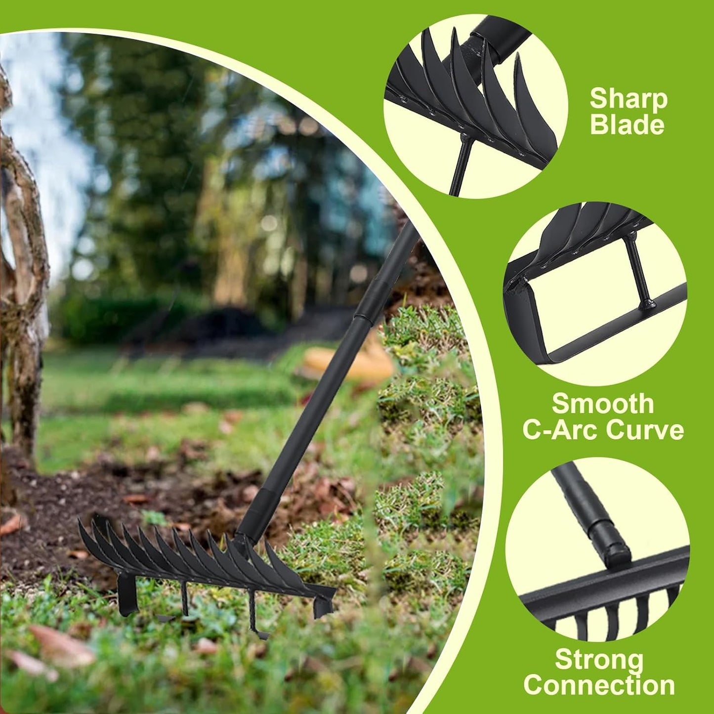 Garden Hoe and 12-Tine Rake 76.8" Stirrup Hoe Heavy Duty 2-in-1 Garden Tool Adjustable Long-Handle Garden Cultivator Durable Weed Puller for Ditching, Weeding and Loosening Soil