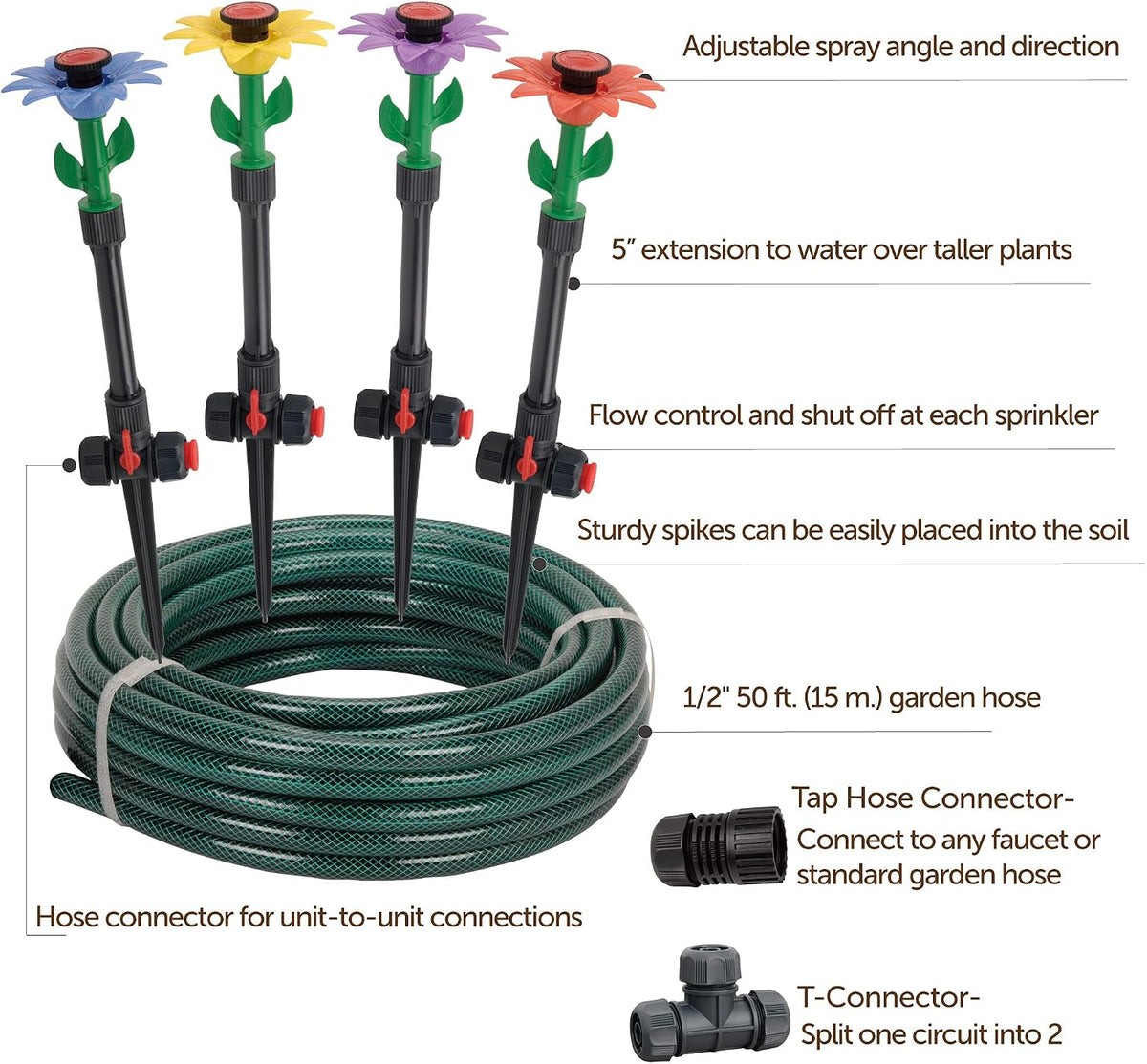 97065 Daisy Above-Ground 50 Ft Garden Hose and Sprinkler System, DIY Plant Watering Set