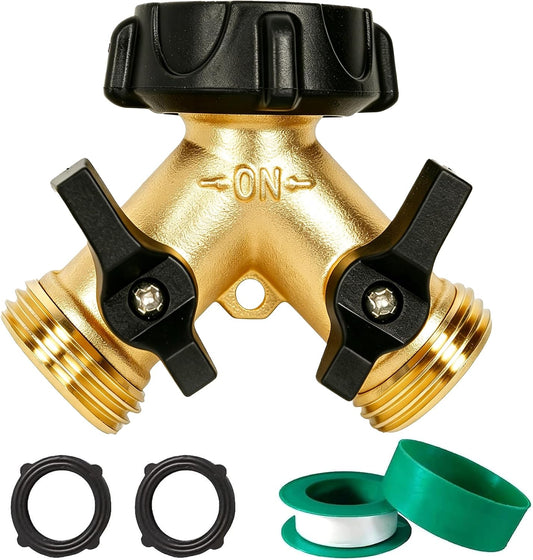 Brass Garden Hose Splitter 2 Way, Hose Y Splitter 3/4 Inch Heavy Duty Brass Hose Connector Tap Splitter, Hose Spigot Adapter 2 Valves with Rubber Washers (1 Pack)
