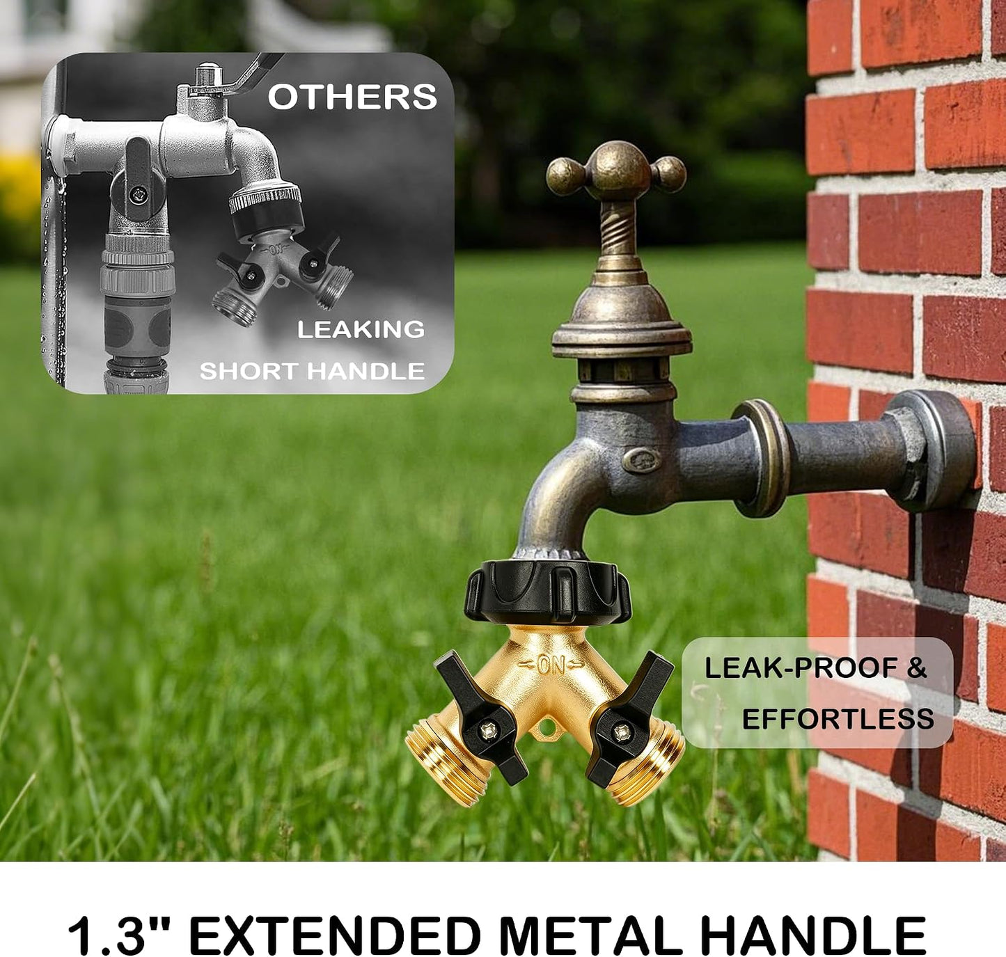 Brass Garden Hose Splitter 2 Way, Hose Y Splitter 3/4 Inch Heavy Duty Brass Hose Connector Tap Splitter, Hose Spigot Adapter 2 Valves with Rubber Washers (1 Pack)