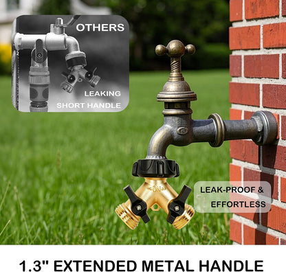 Brass Garden Hose Splitter 2 Way, Hose Y Splitter 3/4 Inch Heavy Duty Brass Hose Connector Tap Splitter, Hose Spigot Adapter 2 Valves with Rubber Washers (1 Pack)