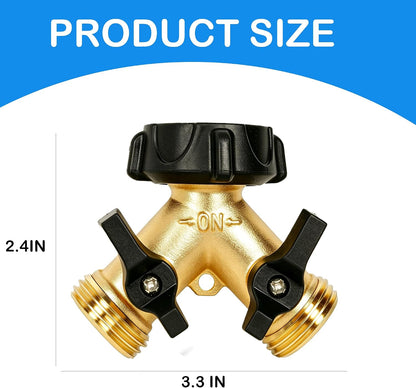 Brass Garden Hose Splitter 2 Way, Hose Y Splitter 3/4 Inch Heavy Duty Brass Hose Connector Tap Splitter, Hose Spigot Adapter 2 Valves with Rubber Washers (1 Pack)