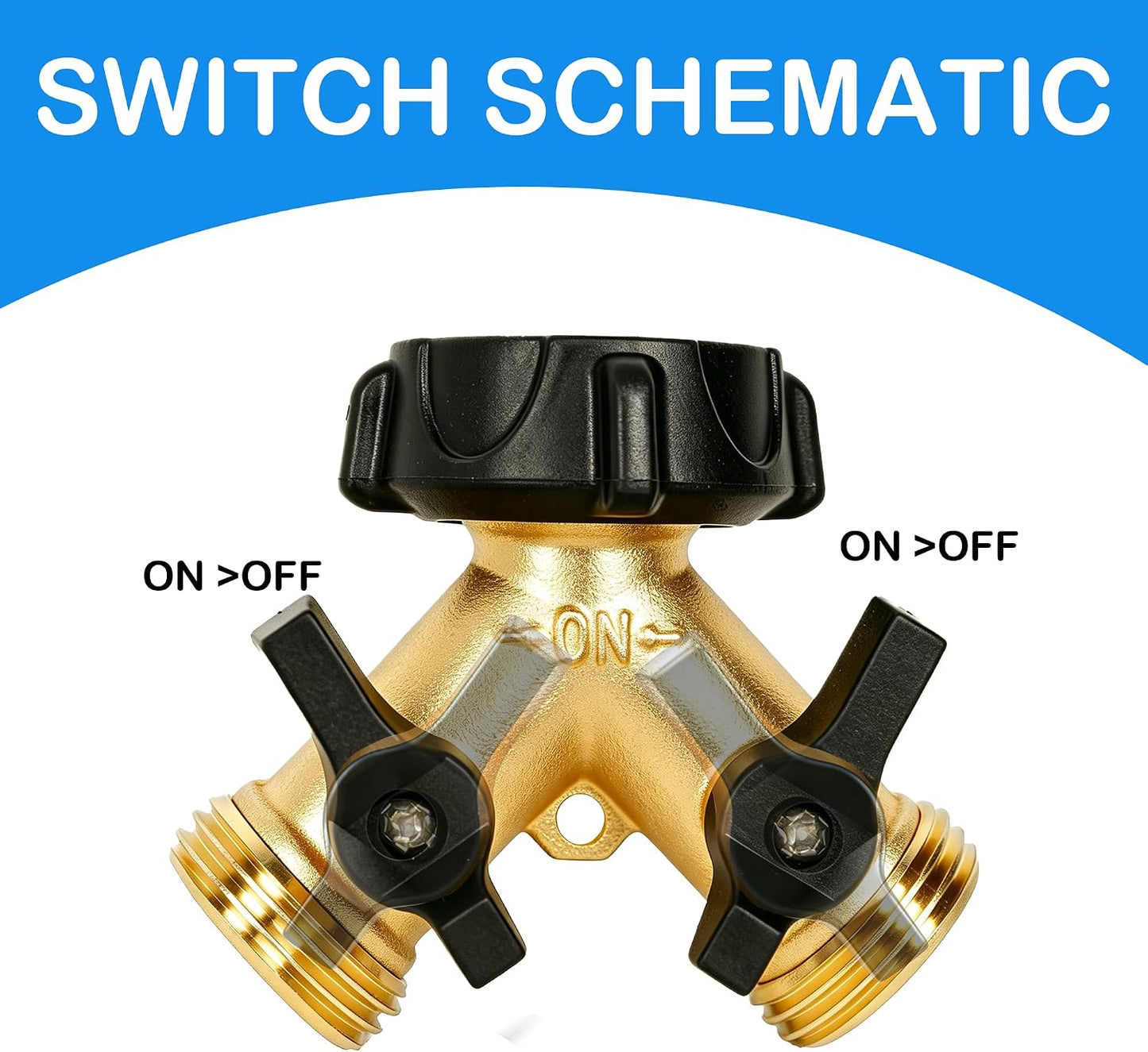 Brass Garden Hose Splitter 2 Way, Hose Y Splitter 3/4 Inch Heavy Duty Brass Hose Connector Tap Splitter, Hose Spigot Adapter 2 Valves with Rubber Washers (1 Pack)