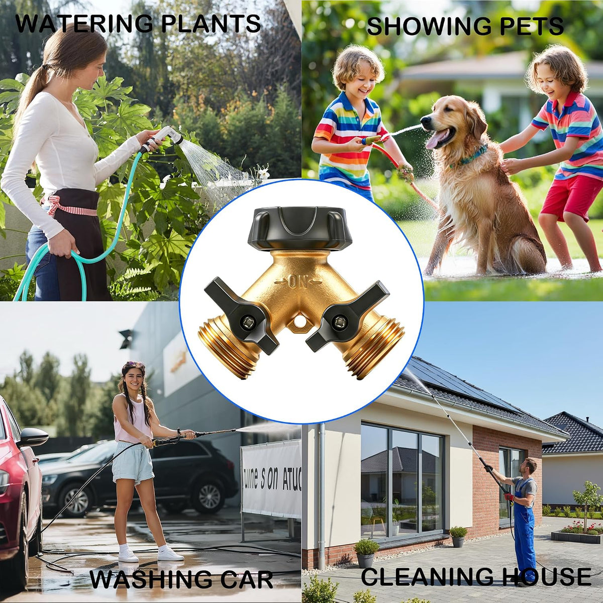 Brass Garden Hose Splitter 2 Way, Hose Y Splitter 3/4 Inch Heavy Duty Brass Hose Connector Tap Splitter, Hose Spigot Adapter 2 Valves with Rubber Washers (1 Pack)
