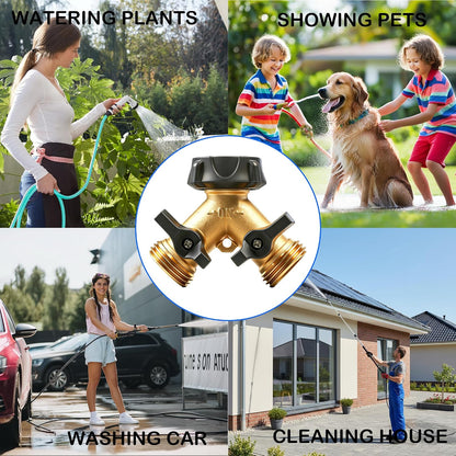 Brass Garden Hose Splitter 2 Way, Hose Y Splitter 3/4 Inch Heavy Duty Brass Hose Connector Tap Splitter, Hose Spigot Adapter 2 Valves with Rubber Washers (1 Pack)
