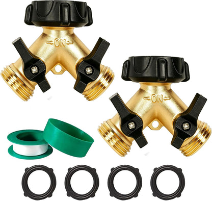 Brass Garden Hose Splitter 2 Way, Hose Y Splitter 3/4 Inch Heavy Duty Brass Hose Connector Tap Splitter, Hose Spigot Adapter 2 Valves with Rubber Washers (1 Pack)