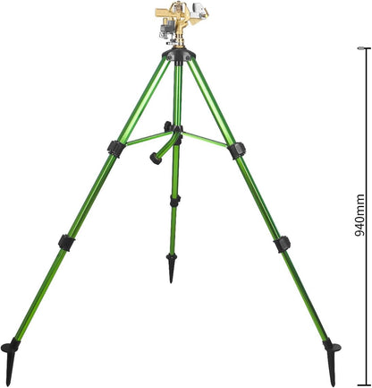 Heavy-Duty Brass Impact Sprinkler on Tripod Base, 360 Degree, 50 Feet Large Area Coverage, Adjustable Water Sprinkler, 3/4 Inch Connector Extension Legs Flip Locks