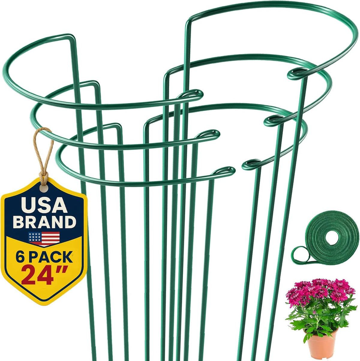 Tall Plant Support Stakes for Indoor and Outdoor - Peony Cages and Supports - Plant Cage Ring for Potted Flower - Peony, Tomato, Hydrangea, Rose Bush 10" W x 16" H (6 Pack)