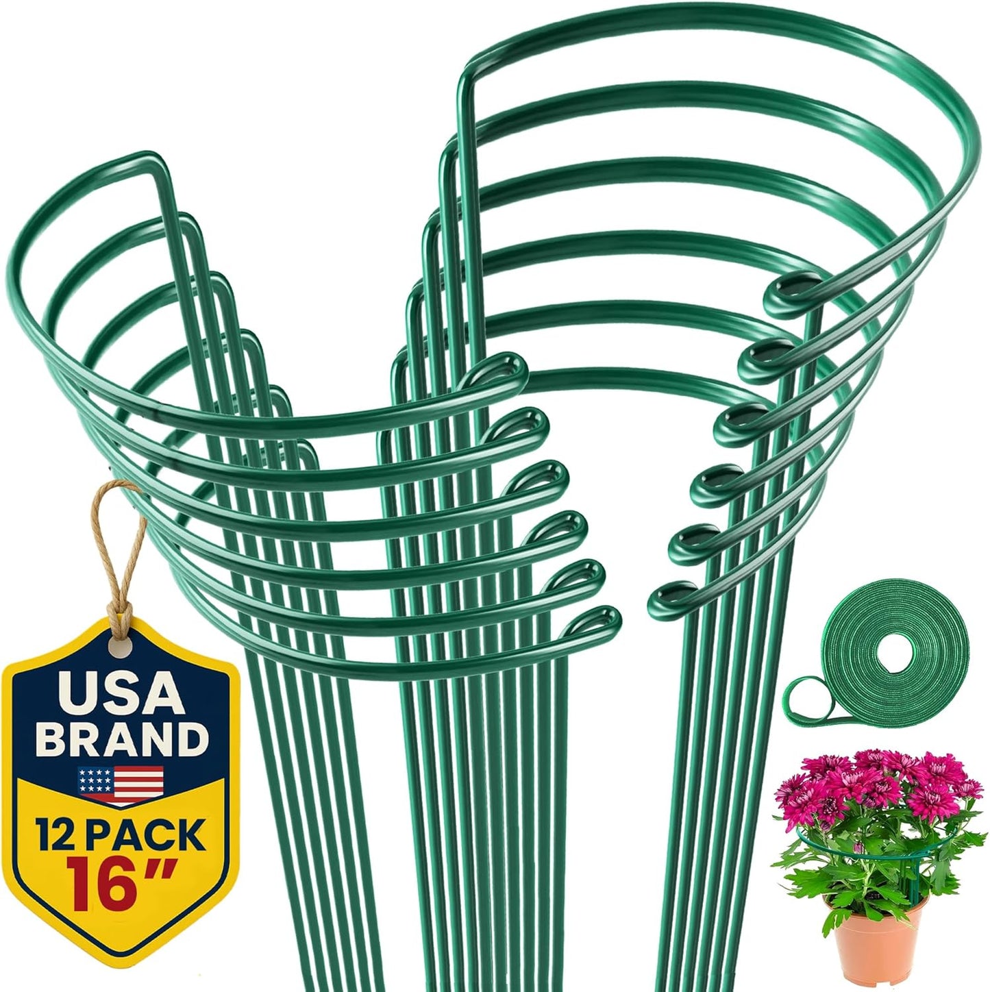 Tall Plant Support Stakes for Indoor and Outdoor - Peony Cages and Supports - Plant Cage Ring for Potted Flower - Peony, Tomato, Hydrangea, Rose Bush 10" W x 16" H (6 Pack)