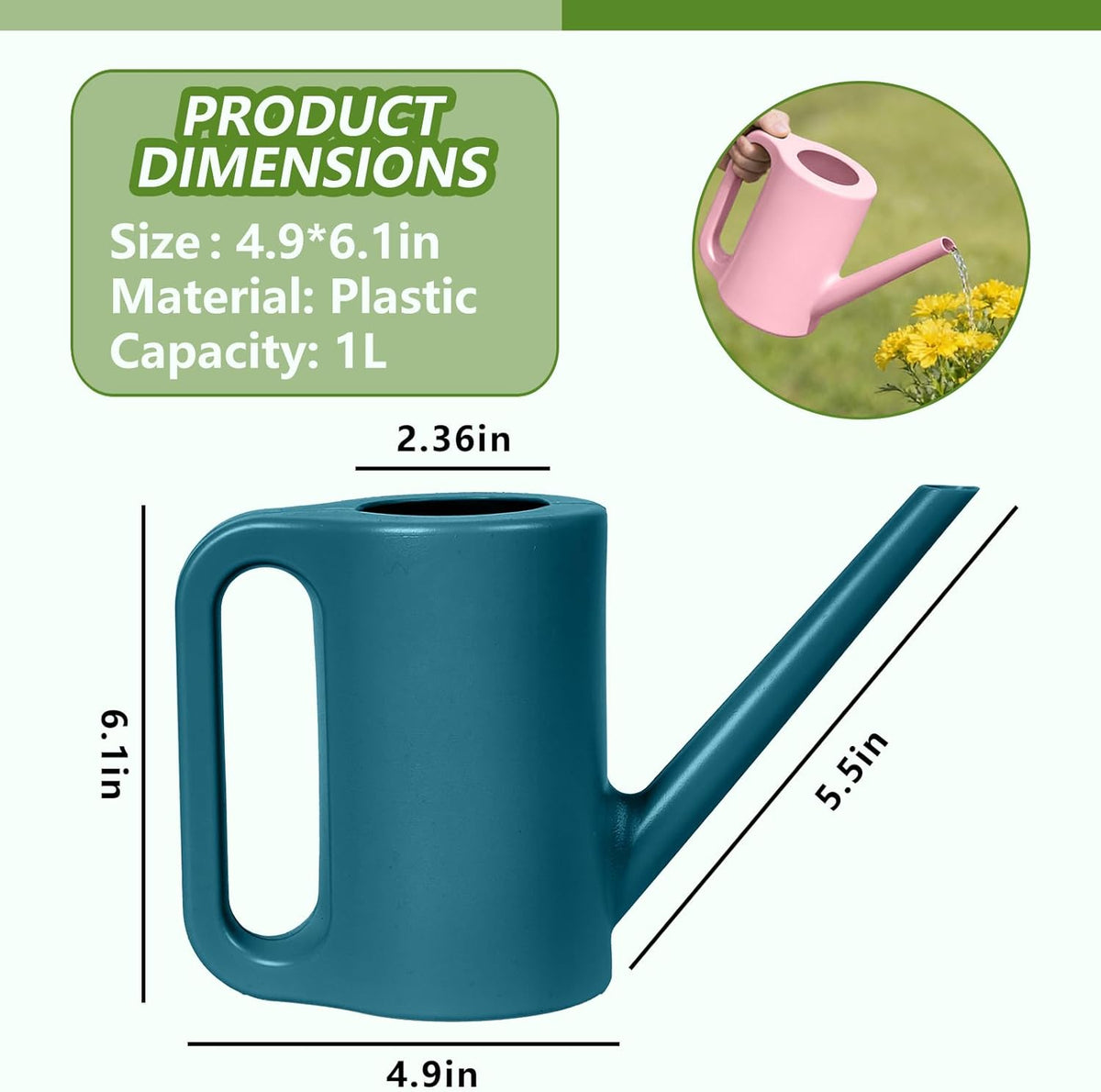 Plastic Watering Can - for Indoor and Outdoor Home Garden Plants - with Long Spout - Green - 1/4 Gallon
