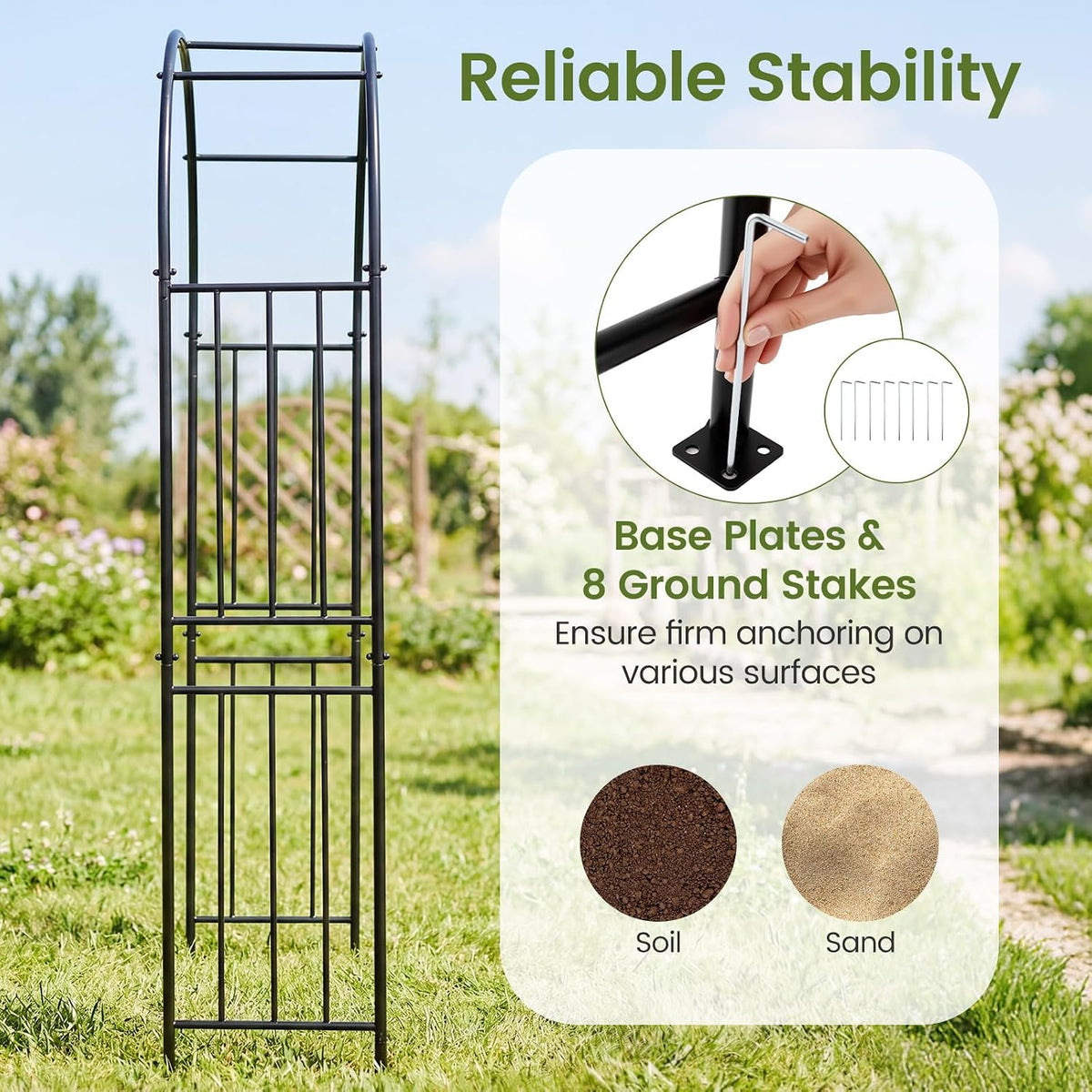 86'' Metal Garden Arch, Outdoor Arbor Trellis with 8 Ground Stakes