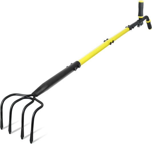 4-Tine Cultivator Rake with Auxiliary Handle, Garden Cultivator Long Handle, Hand Tiller Tool for Gardening Digging Loosening Weeding