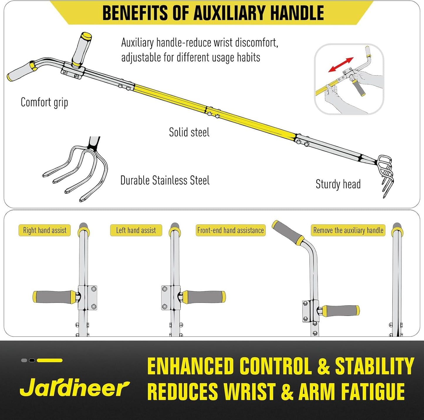 4-Tine Cultivator Rake with Auxiliary Handle, Garden Cultivator Long Handle, Hand Tiller Tool for Gardening Digging Loosening Weeding