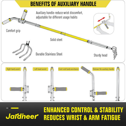 4-Tine Cultivator Rake with Auxiliary Handle, Garden Cultivator Long Handle, Hand Tiller Tool for Gardening Digging Loosening Weeding