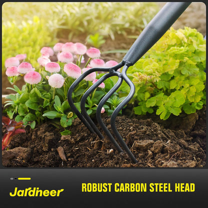 4-Tine Cultivator Rake with Auxiliary Handle, Garden Cultivator Long Handle, Hand Tiller Tool for Gardening Digging Loosening Weeding