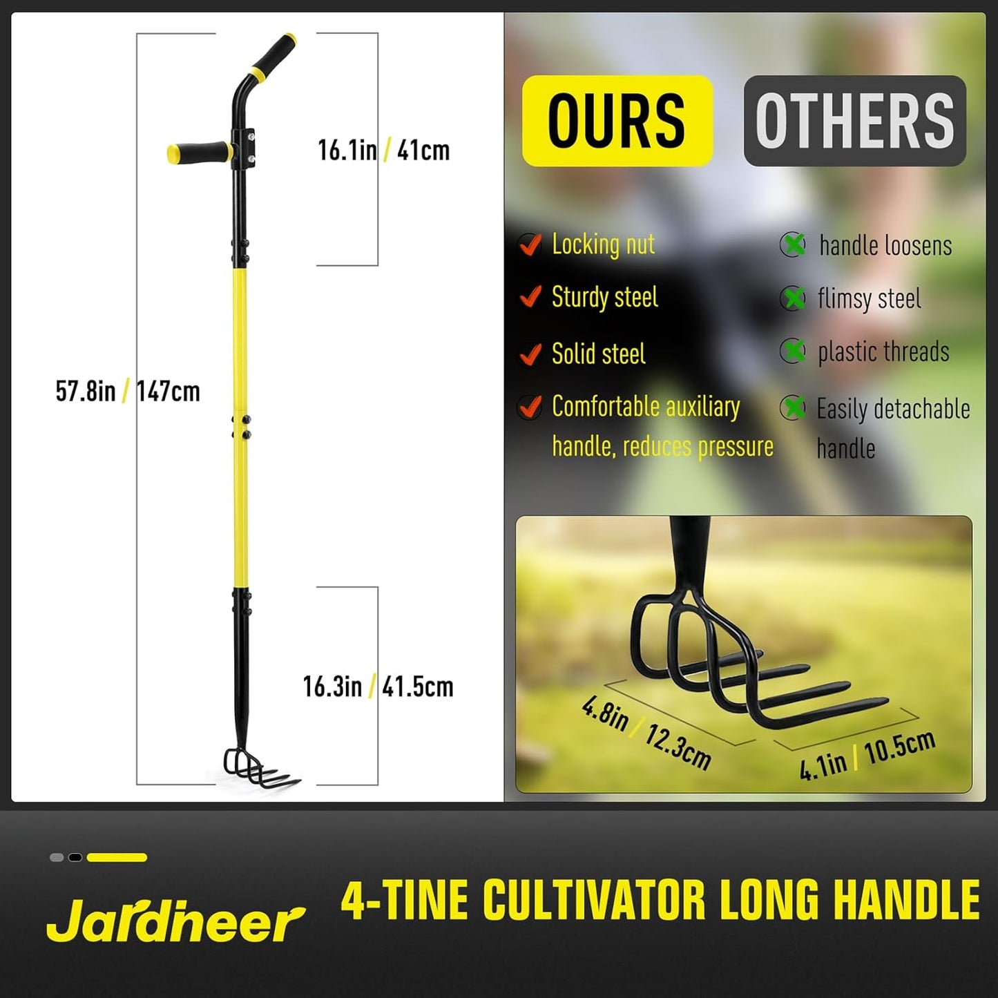 4-Tine Cultivator Rake with Auxiliary Handle, Garden Cultivator Long Handle, Hand Tiller Tool for Gardening Digging Loosening Weeding