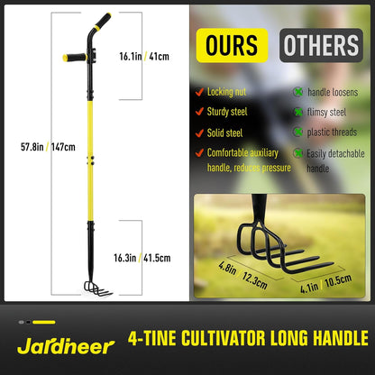 4-Tine Cultivator Rake with Auxiliary Handle, Garden Cultivator Long Handle, Hand Tiller Tool for Gardening Digging Loosening Weeding