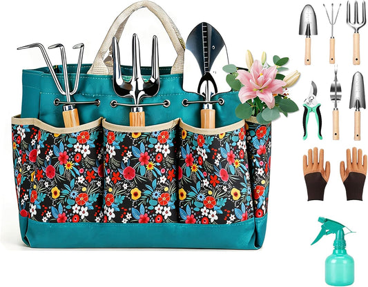 Garden Tool Set, 9 Pcs Heavy Duty Stainless Steel Gardening Hand Tool, Black Garden Tool Bag Kit, Gardening Supplies Gifts for Women Men Mom Dad Gardener Beginner