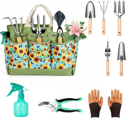 Garden Tool Set, 9 Pcs Heavy Duty Stainless Steel Gardening Hand Tool, Black Garden Tool Bag Kit, Gardening Supplies Gifts for Women Men Mom Dad Gardener Beginner