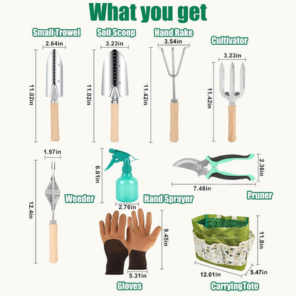 Garden Tool Set, 9 Pcs Heavy Duty Stainless Steel Gardening Hand Tool, Black Garden Tool Bag Kit, Gardening Supplies Gifts for Women Men Mom Dad Gardener Beginner