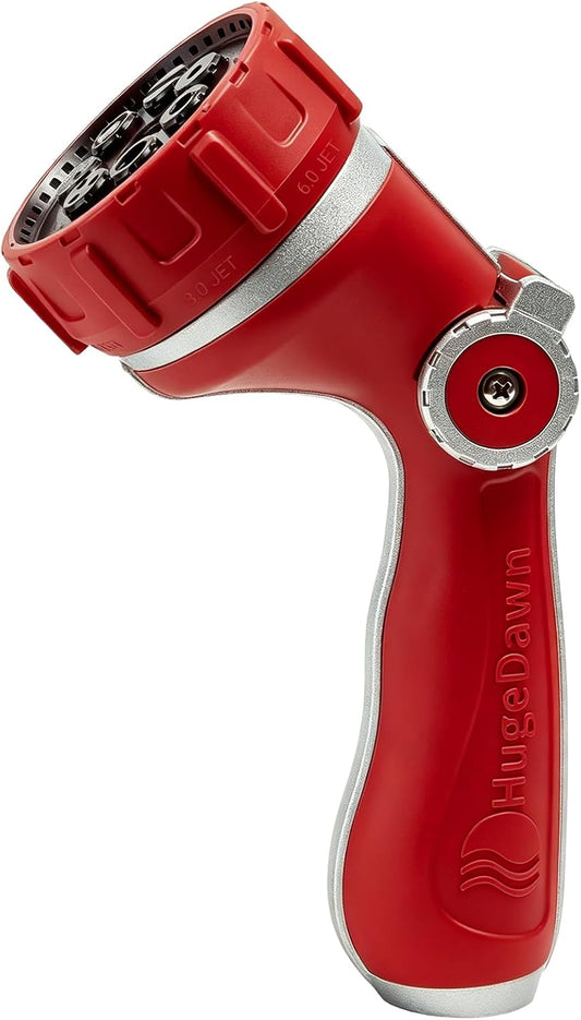 Garden Hose Nozzle with 7 Spray Patterns, Heavy Duty Metal Sprayer 30% Greater Water Flow for Watering, Car Wash, Outdoor Cleaning (Red)