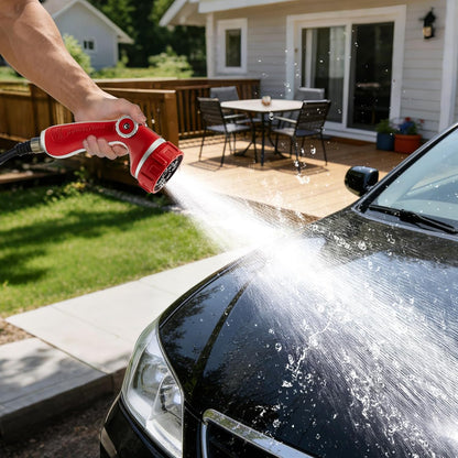 Garden Hose Nozzle with 7 Spray Patterns, Heavy Duty Metal Sprayer 30% Greater Water Flow for Watering, Car Wash, Outdoor Cleaning (Red)