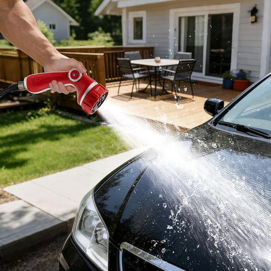 Garden Hose Nozzle with 7 Spray Patterns, Heavy Duty Metal Sprayer 30% Greater Water Flow for Watering, Car Wash, Outdoor Cleaning (Red)