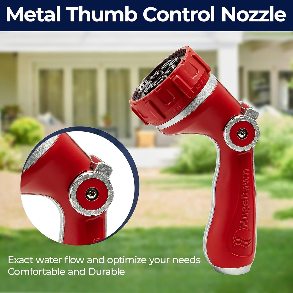 Garden Hose Nozzle with 7 Spray Patterns, Heavy Duty Metal Sprayer 30% Greater Water Flow for Watering, Car Wash, Outdoor Cleaning (Red)