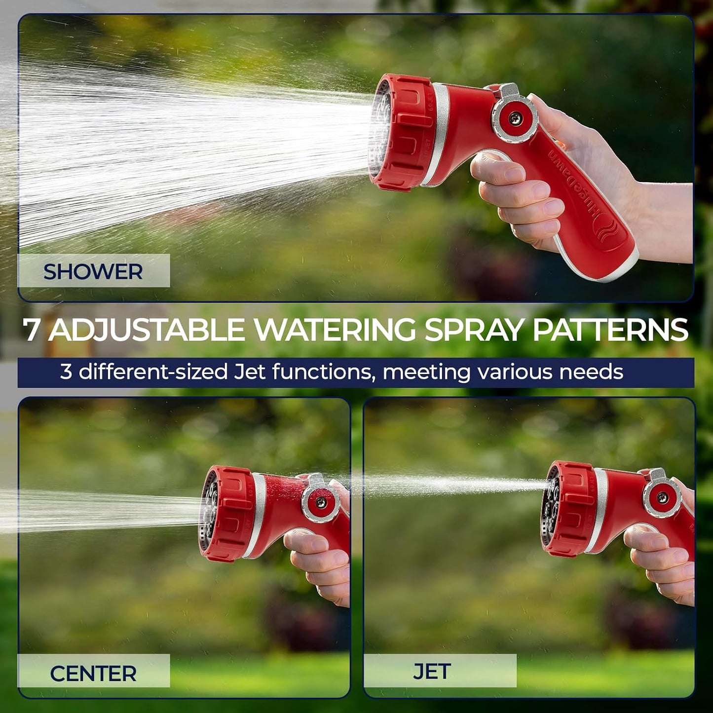 Garden Hose Nozzle with 7 Spray Patterns, Heavy Duty Metal Sprayer 30% Greater Water Flow for Watering, Car Wash, Outdoor Cleaning (Red)