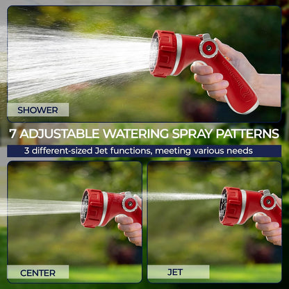 Garden Hose Nozzle with 7 Spray Patterns, Heavy Duty Metal Sprayer 30% Greater Water Flow for Watering, Car Wash, Outdoor Cleaning (Red)