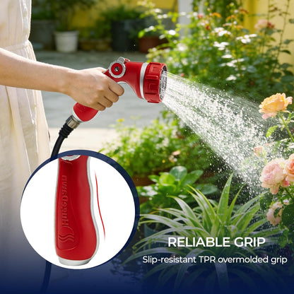 Garden Hose Nozzle with 7 Spray Patterns, Heavy Duty Metal Sprayer 30% Greater Water Flow for Watering, Car Wash, Outdoor Cleaning (Red)