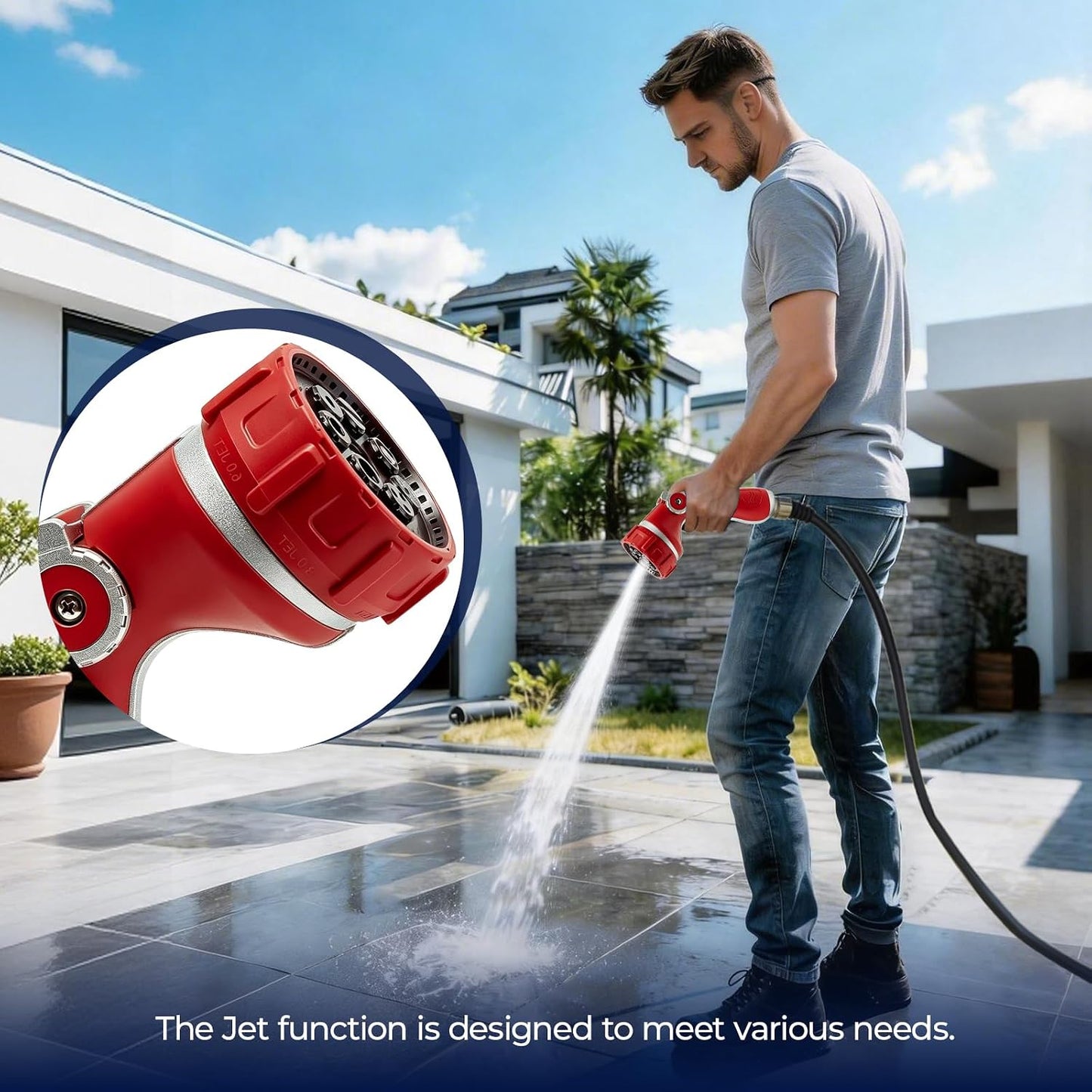 Garden Hose Nozzle with 7 Spray Patterns, Heavy Duty Metal Sprayer 30% Greater Water Flow for Watering, Car Wash, Outdoor Cleaning (Red)